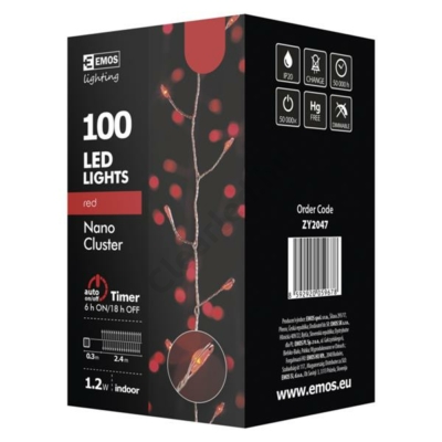 EMOS ZY2047 beltéri karácsonyi fényfüzér, nano süni 100 LED, piros