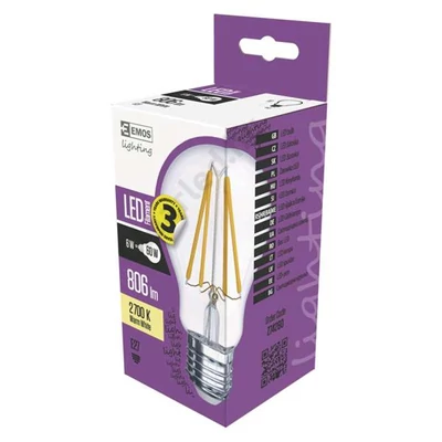 EMOS Z74260 E27 6W filament LED körte, 806lm, 2700K