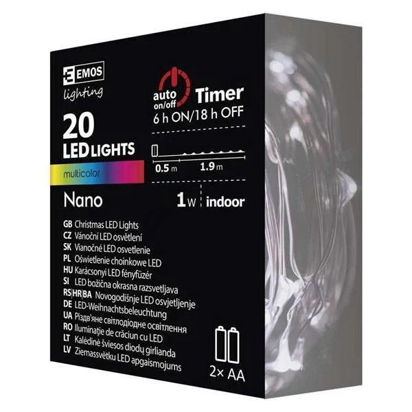 EMOS ZY1951 beltéri karácsonyi fényfüzér, nano 20 LED, 1,9m, multicolor, 2xAA elemes