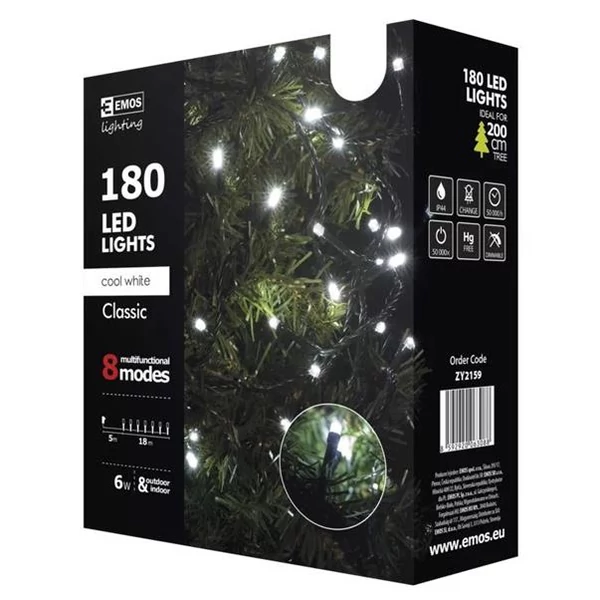 EMOS ZY2159 kültéri karácsonyi fényfüzér, 180 LED, hideg fehér, multifunkciós