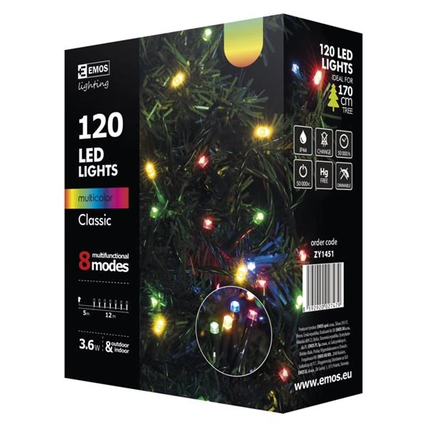 EMOS ZY1451 kültéri karácsonyi fényfüzér, 120 LED, 12m, multicolor, 8 program
