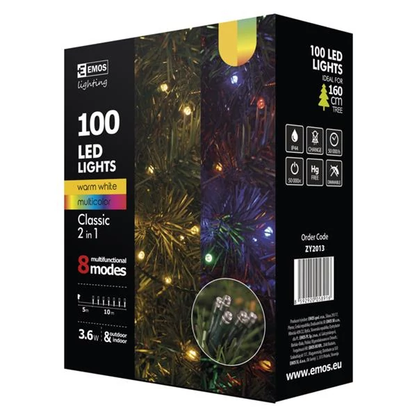 EMOS ZY2013 kültéri karácsonyi multifunkciós fényfüzér, 100 LED, meleg fehér/ multicolor
