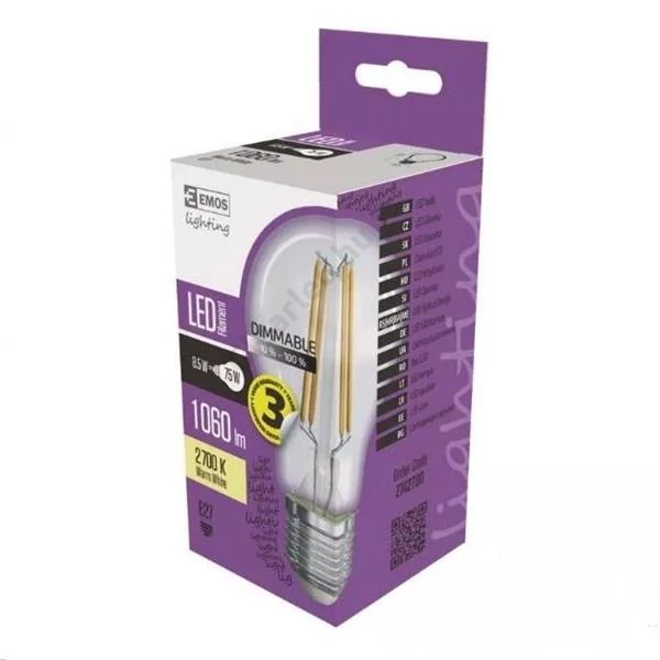 EMOS Z74270D LED filament körte, A60, 8,5W, dimm.