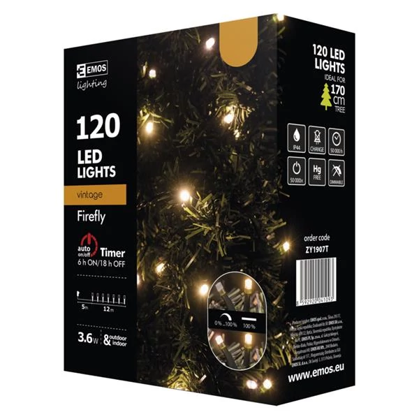 EMOS ZY1907T kültéri karácsonyi fényfüzér, 120LED, 12m, borostyán sárga