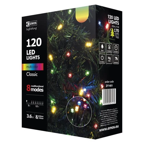 EMOS ZY1451 kültéri karácsonyi fényfüzér, 120 LED, 12m, multicolor, 8 program